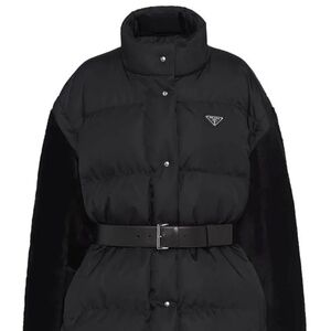 Prada down belted jacket with fur sleeves